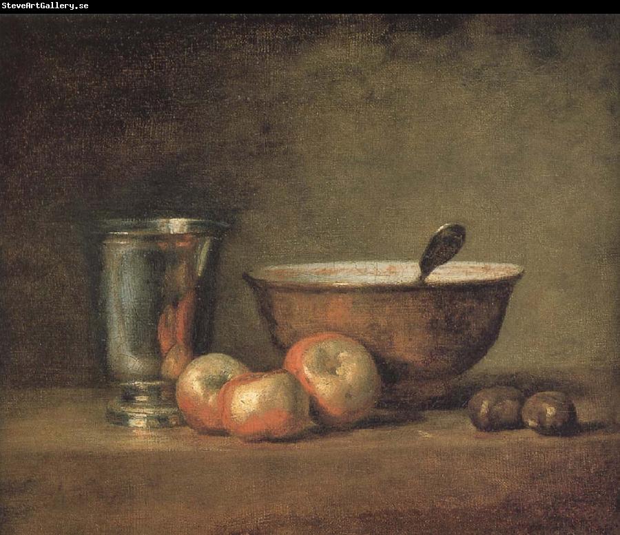 Jean Baptiste Simeon Chardin Three apple two millet bowls and silver wine class